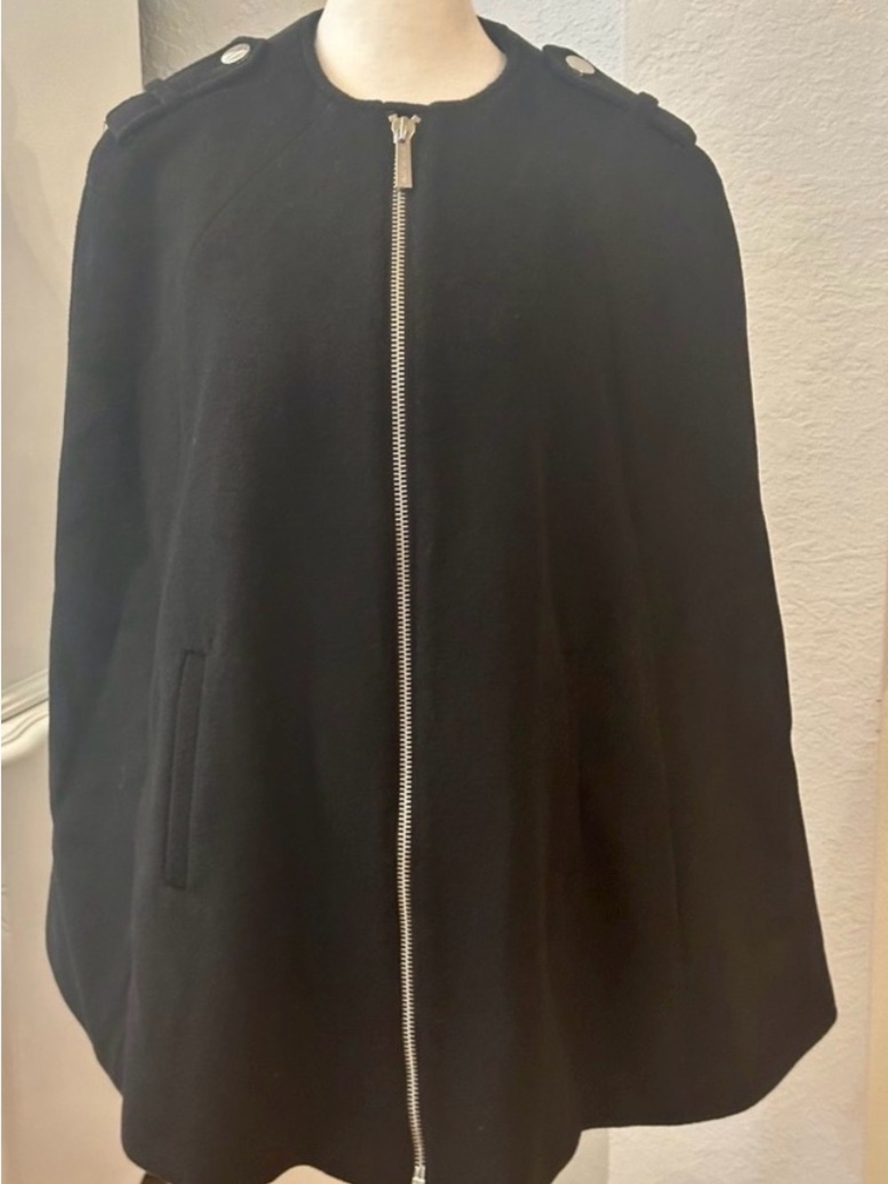Michael Kors Black Zip-Front Wool Cape Coat
